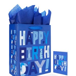 13" Large Blue Gift Bags Set with Greeting Card and Tissue Papers (Blue Happy Birthday) for Men's Birthday Party,Kids' Parties, Baby Shower, or Baby Boy - 13”x10.2”x5.2”, 1 Pcs