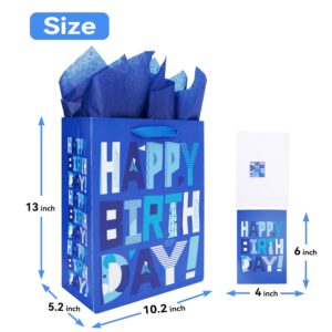 13" Large Blue Gift Bags Set with Greeting Card and Tissue Papers (Blue Happy Birthday) for Men's Birthday Party,Kids' Parties, Baby Shower, or Baby Boy - 13”x10.2”x5.2”, 1 Pcs