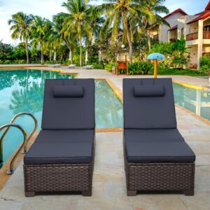 Rattan Star Outdoor Chaise Lounge Set of 2 Brown Wicker Patio Chaise Lounge Chairs Pool Lounge Chairs Multi-Angle Adjustable Backrest with Blue Cushions and Headrest