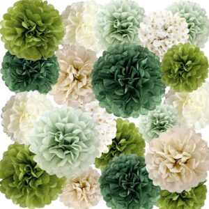 ansomo sage green tissue paper pom poms 20 pcs wedding party decorations ivory tan boho flowers birthday baby shower wild safari jungle botanical greenery 14 12 10 6 inch wall hanging décor supplies