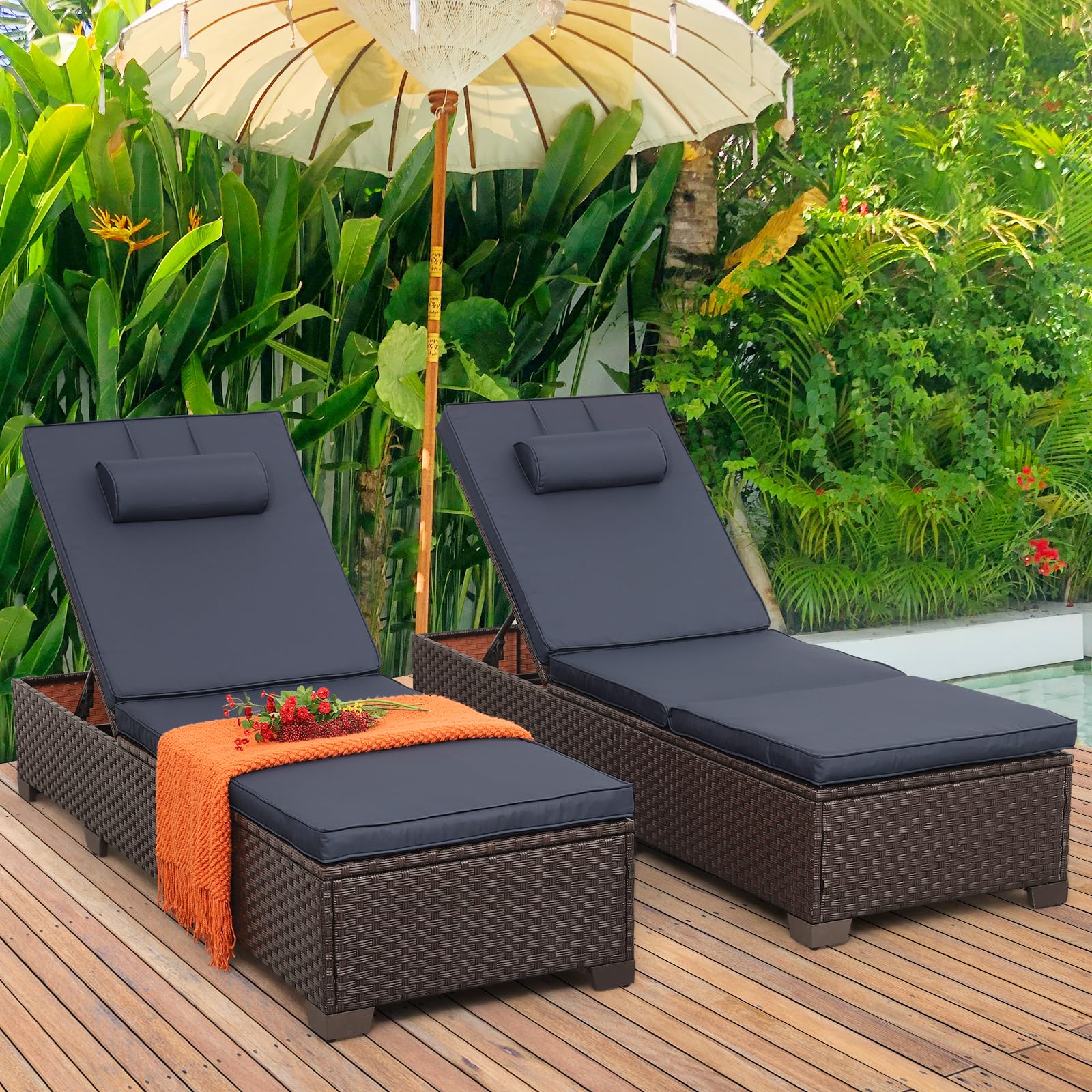 Rattan Star Outdoor Chaise Lounge Set of 2 Brown Wicker Patio Chaise Lounge Chairs Pool Lounge Chairs Multi-Angle Adjustable Backrest with Blue Cushions and Headrest