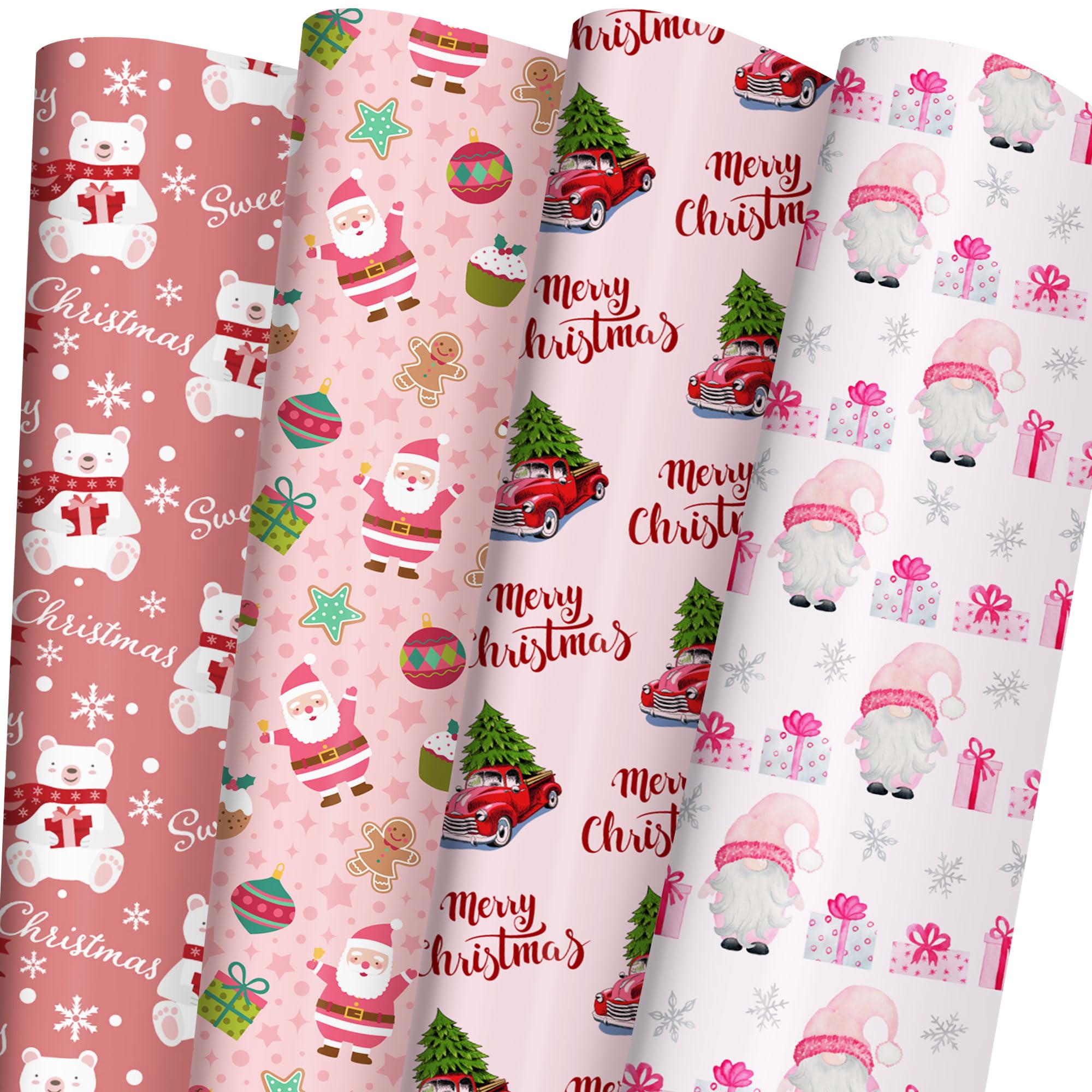 SaringSwoon Pink Christmas Wrapping Paper for Boys Girls Kids - Xmas Gift Wrap With Santa, Gnome, Rustic Red Trucks, Polar Bear on Pink Designs - 40×28 Inches, 6 Folded Sheets