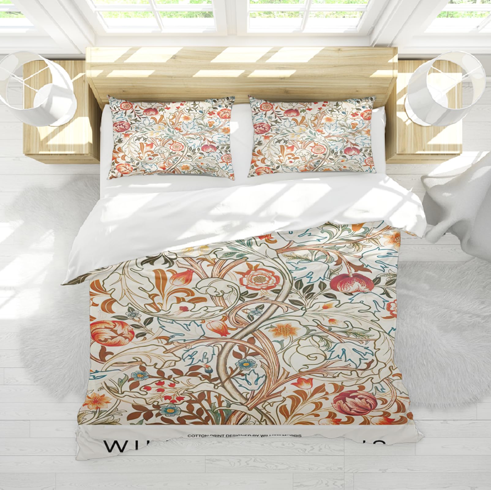 FEIPUHOME Art William Morris Rustic Floral Duvet Cover Set Vintage Garden Plants Herbs Flowers Botanical Classic Design 3 Piece Bedding Set Queen