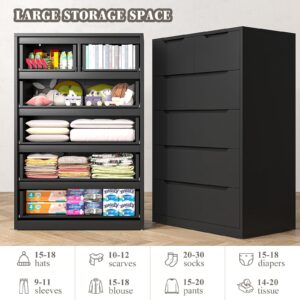 EnHomee Dresser for Bedroom, Dresser with 6 Wood Drawers, Black Dresser and Tall Dresser with Large Organizer, Wood Dressers & Chests of Drawers with Smooth Metal Rail, Black