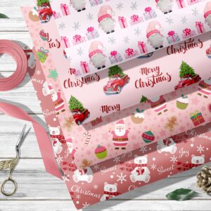 SaringSwoon Pink Christmas Wrapping Paper for Boys Girls Kids - Xmas Gift Wrap With Santa, Gnome, Rustic Red Trucks, Polar Bear on Pink Designs - 40×28 Inches, 6 Folded Sheets