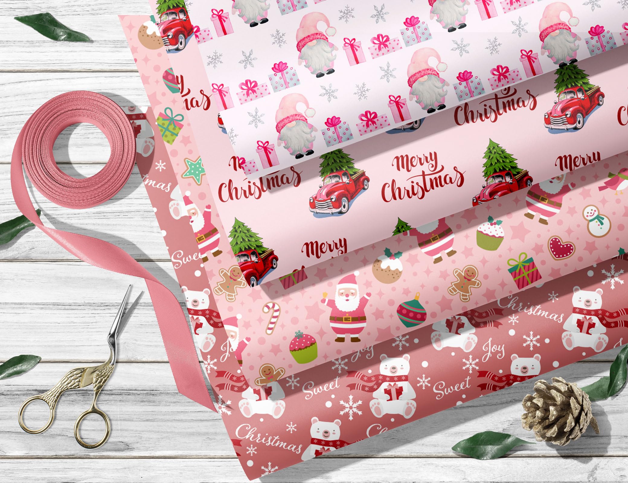 SaringSwoon Pink Christmas Wrapping Paper for Boys Girls Kids - Xmas Gift Wrap With Santa, Gnome, Rustic Red Trucks, Polar Bear on Pink Designs - 40×28 Inches, 6 Folded Sheets