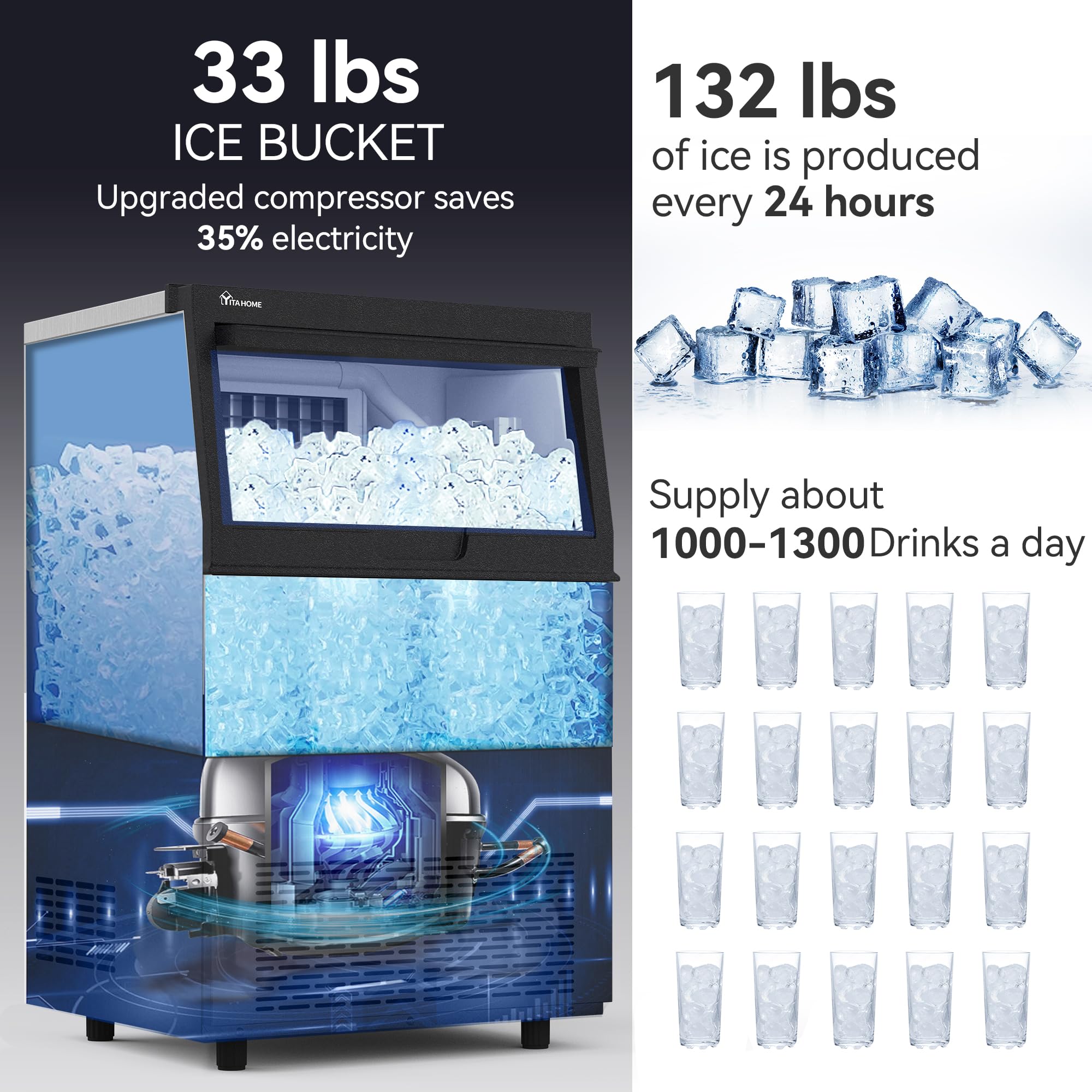 YITAHOME Upgraded Commercial Ice Maker Machine, 132LBS/24H Ice Maker with 33LBS Storage Bin, LCD Panel with Blue Light & Stainless Steel Scoop for Restaurant, Home, Bars, Coffee Shop(50PCS)