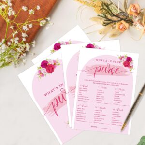 Pink Floral What's In Your Purse Game for 30 Guests with Game Cards, Hot Pink Floral Bridal Shower Game, Modern Bridal Shower Decorations, Wedding Shower or Bachelorette Party Supplies - 01