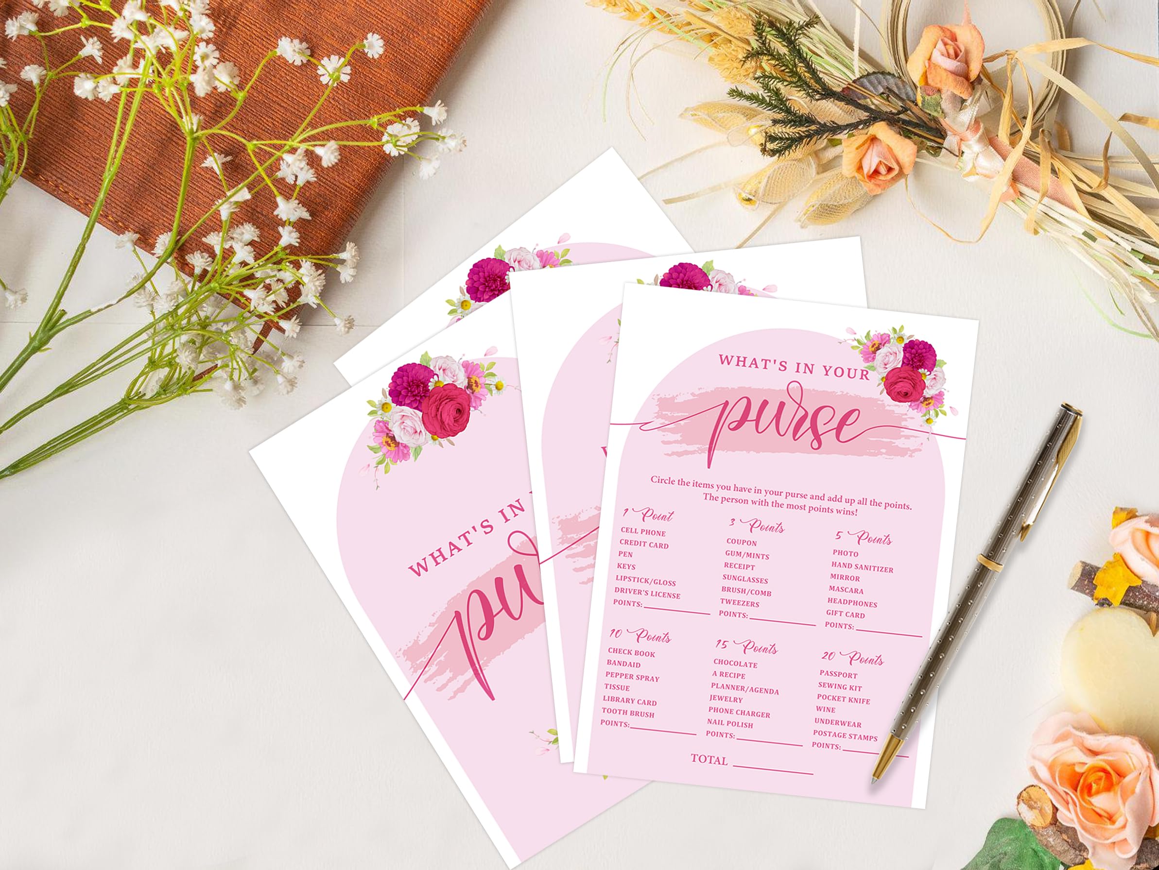 Pink Floral What's In Your Purse Game for 30 Guests with Game Cards, Hot Pink Floral Bridal Shower Game, Modern Bridal Shower Decorations, Wedding Shower or Bachelorette Party Supplies - 01