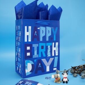 13" Large Blue Gift Bags Set with Greeting Card and Tissue Papers (Blue Happy Birthday) for Men's Birthday Party,Kids' Parties, Baby Shower, or Baby Boy - 13”x10.2”x5.2”, 1 Pcs