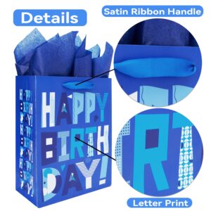 13" Large Blue Gift Bags Set with Greeting Card and Tissue Papers (Blue Happy Birthday) for Men's Birthday Party,Kids' Parties, Baby Shower, or Baby Boy - 13”x10.2”x5.2”, 1 Pcs