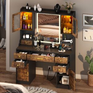 Dnxao Large Make up Vanity Desk with Mirror and Lights,3 Lights Mode and Brightness Adjusted by Touch Button, Built-in Power Strip and 6 Drawers,4 cabinets,2 cabinets with RGB Lights, Rustic Brown