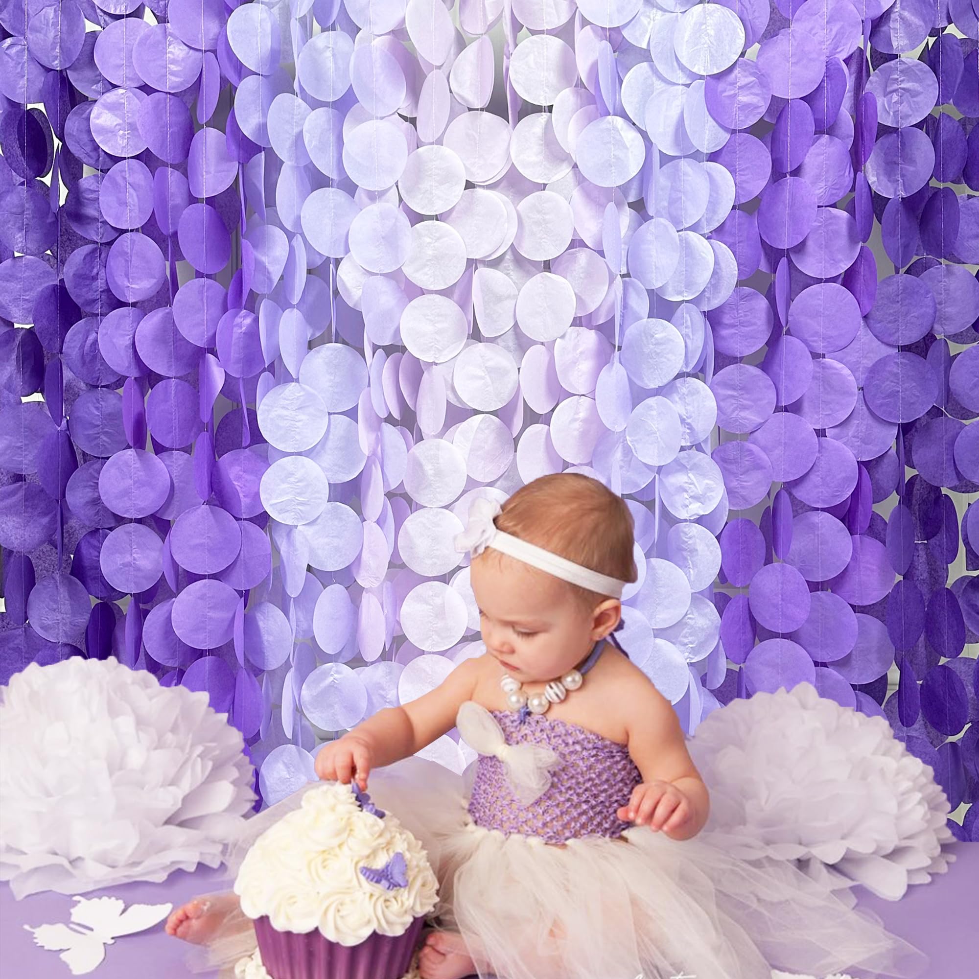 205Ft Lavender Party Decoration Ombre Purple Polka Dot Backdrop Streamer Tissue Paper Circle Dot Hanging Garland for Birthday Bachelorette Wedding Bridal Shower Engagement Lilac Violet Party Supplies