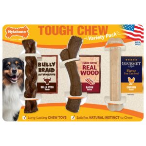 tough chew dog toys variety 3 pack bully stick flavor bacon flavor chicken flavor