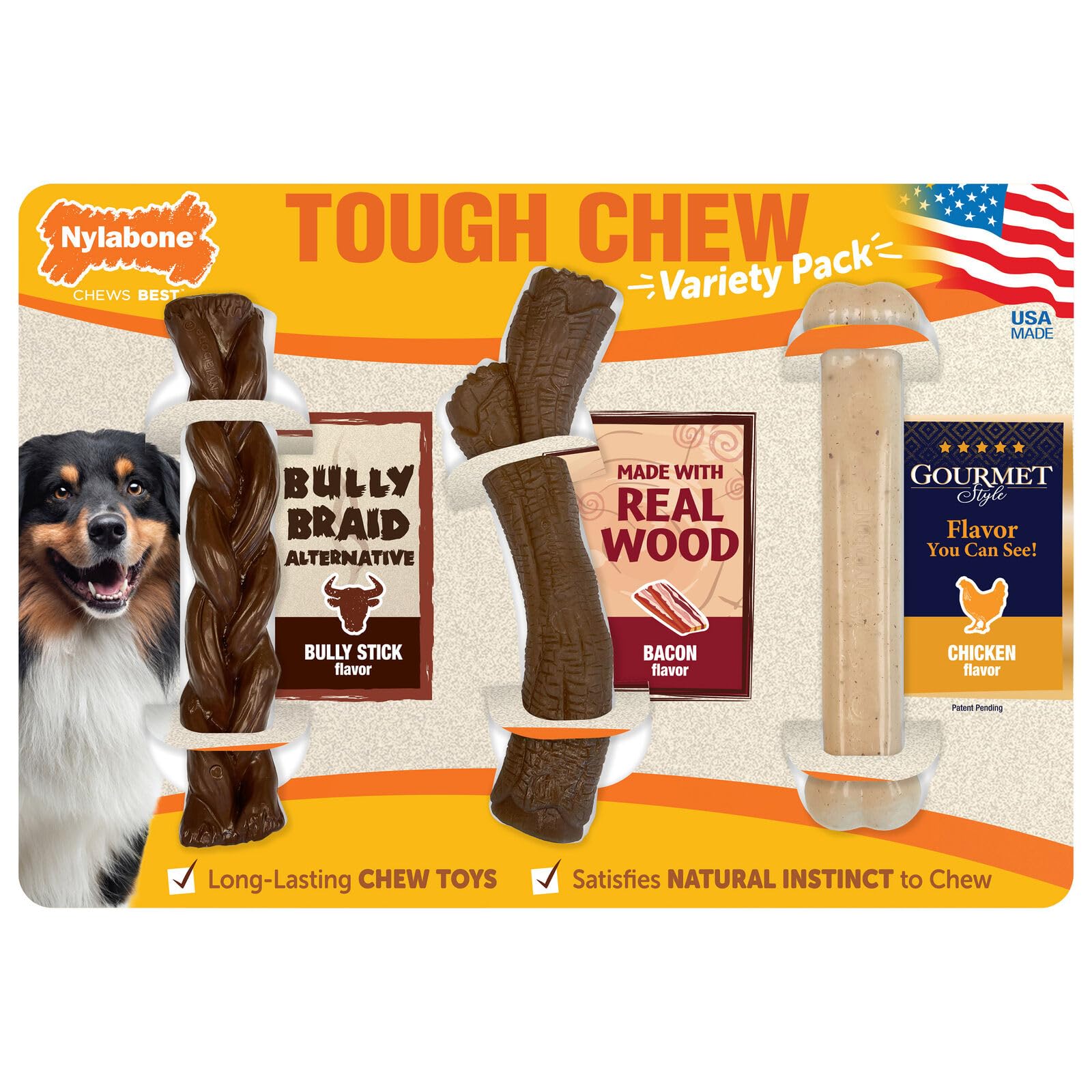 Tough Chew Dog Toys Variety 3 Pack Bully Stick Flavor Bacon Flavor Chicken Flavor