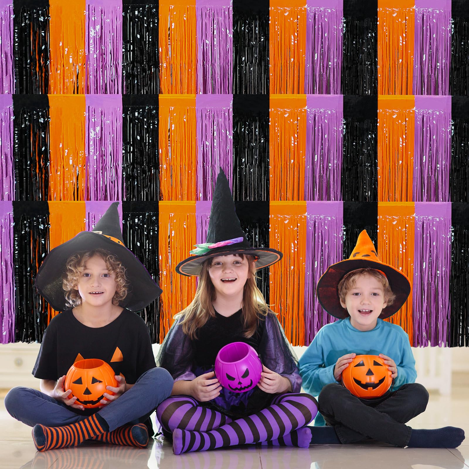 6 Pack 30x108 Inch Halloween Table Skirt Decoration, Metallic Foil Fringe Tinsel Table Skirts, Curtains Backdrop Parade Floats Birthday Halloween Christmas Party Decoration(Black Orange Purple)