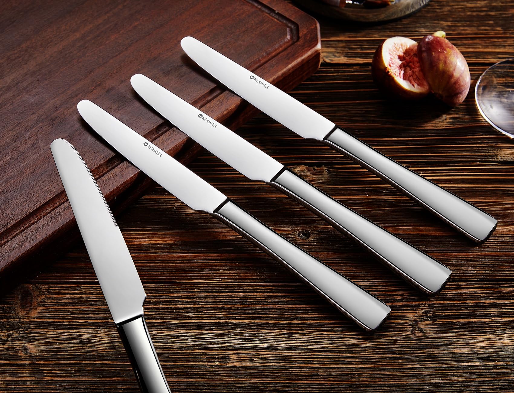 KEAWELL Premium 9.5" Louis Dinner Knives, Set of 4, Stainless Steel Dishwasher Safe, Serrated Knives (Plain)