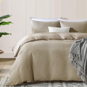 rosecret cotton waffle duvet cover queen, blend viscose derived from bamboo, soft breathable comforter cover with pillow shams for all seasons, khaki