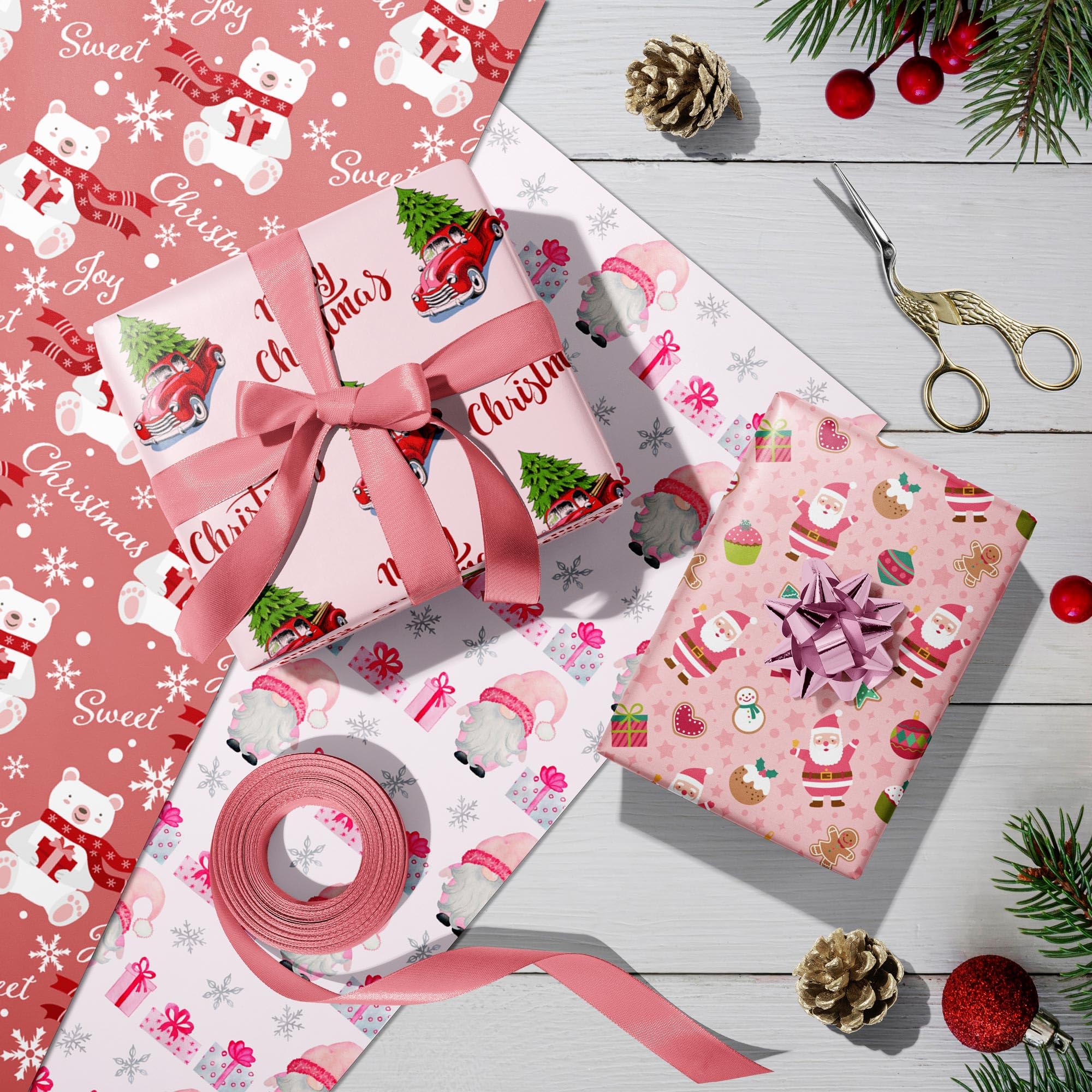 SaringSwoon Pink Christmas Wrapping Paper for Boys Girls Kids - Xmas Gift Wrap With Santa, Gnome, Rustic Red Trucks, Polar Bear on Pink Designs - 40×28 Inches, 6 Folded Sheets