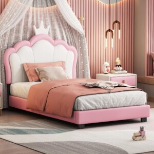 aiuyesuo elegant twin size upholestered princess bed with crown headboard, pu leather platform bed with sturdy slatted support for kids girls teens (pink+white-twin)