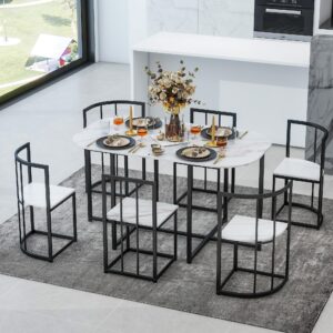 merax metal dining room table set with chairs for 6 space saving, 7 piece kitchen dining table and chairs, black white