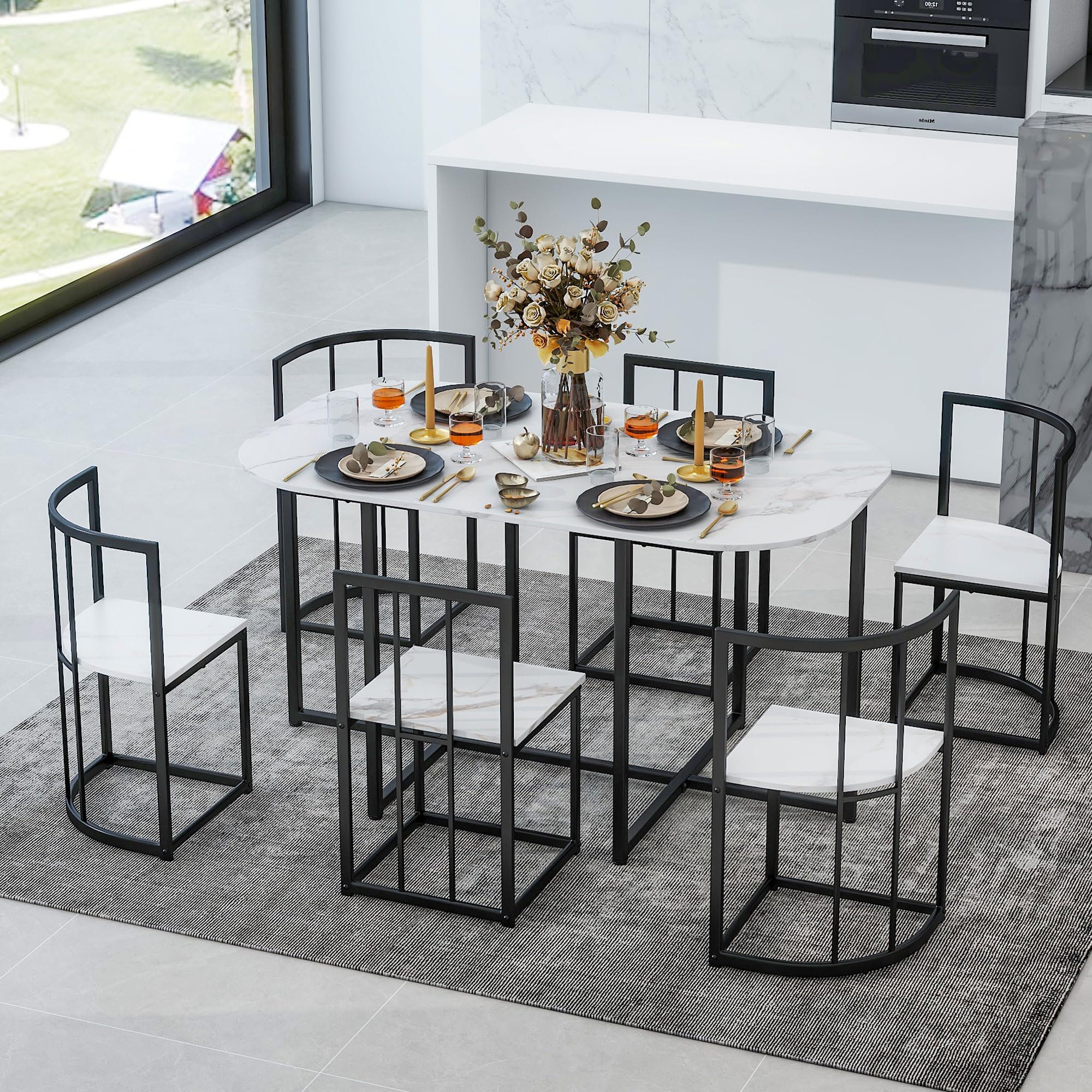 Merax Metal Dining Room Table Set with Chairs for 6 Space Saving, 7 Piece Kitchen Dining Table and Chairs, Black White