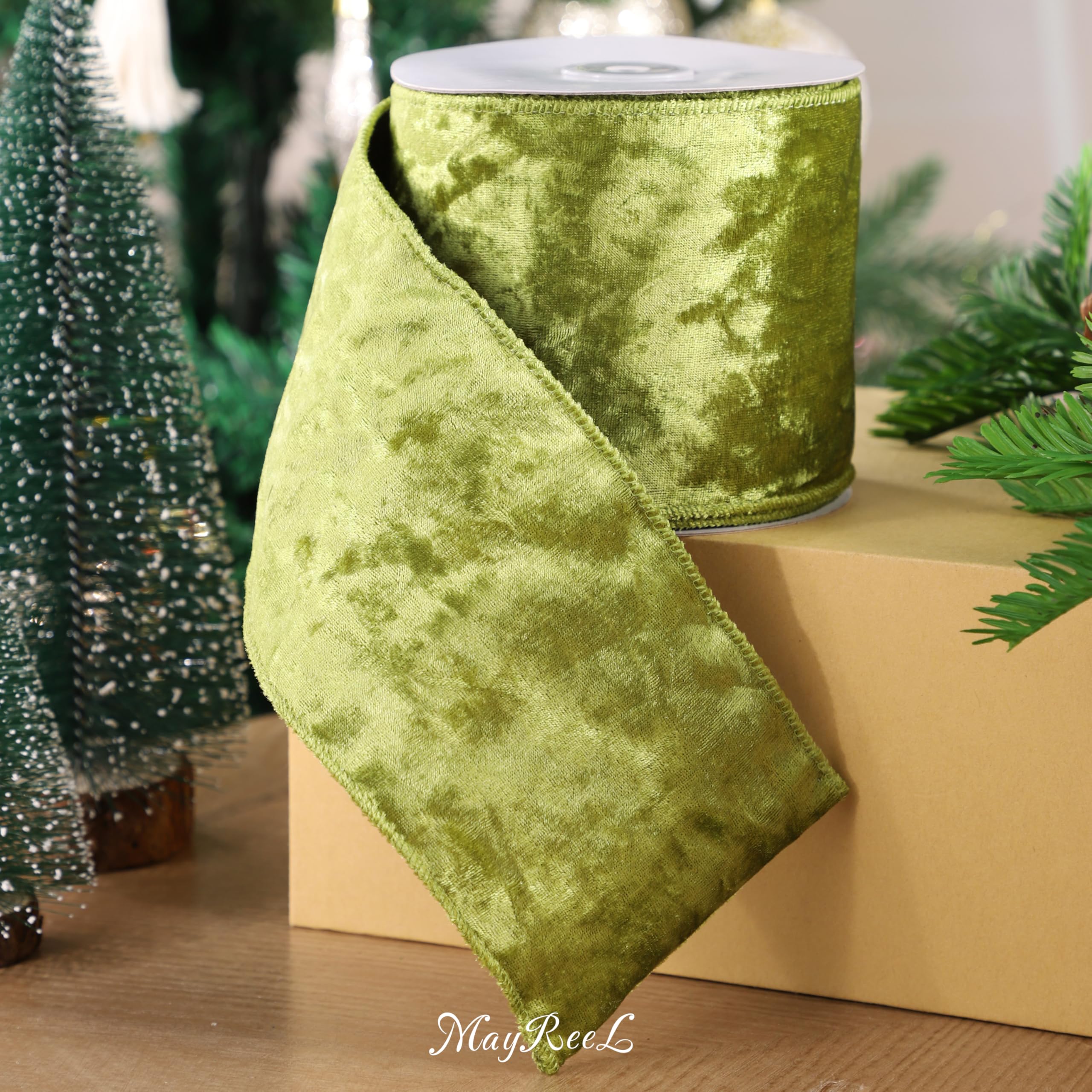 MAYREEL Moss Green Crushed Velvet Ribbon Wired 4" x 10 Yards Extra Wide Christmas Wired Edge Ribbon Green Christmas Decorations Green Ribbon for Gift Wrapping Wreath Tree Topper Bow Making Crafts