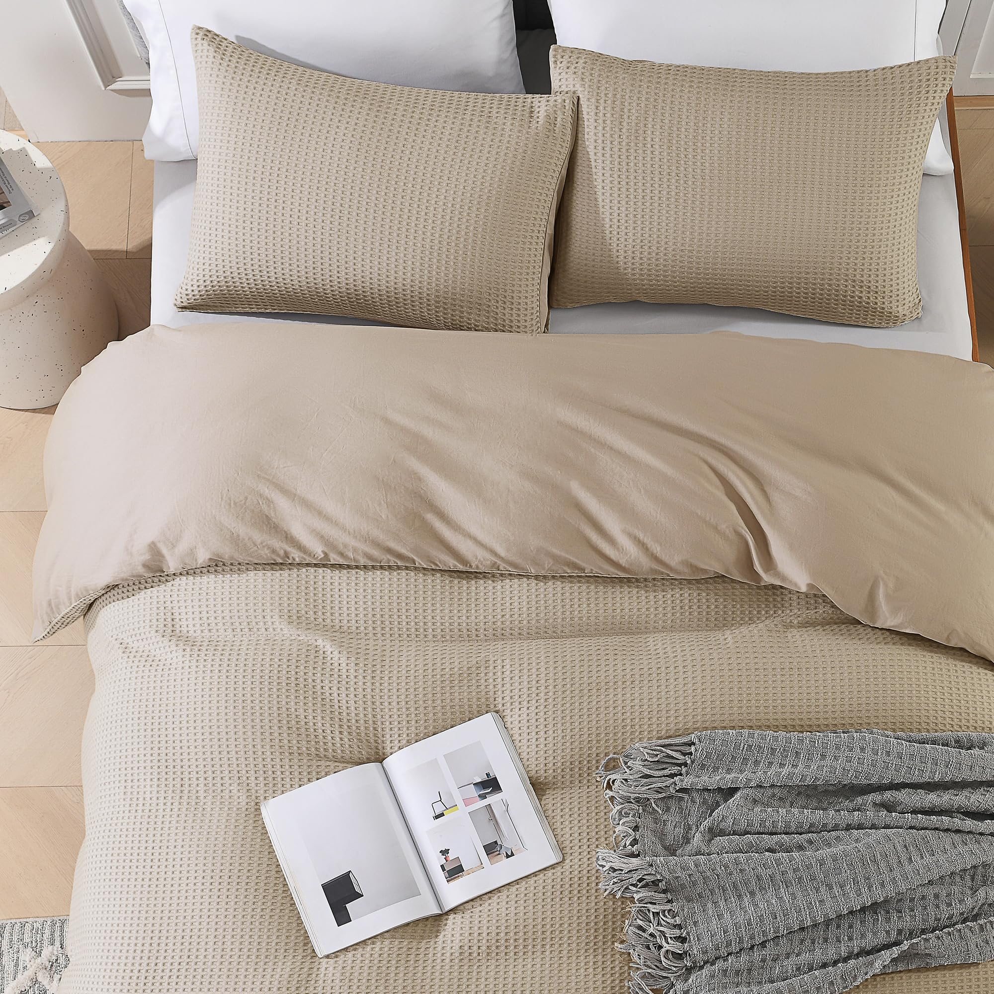 Rosecret Cotton Waffle Duvet Cover Queen, Blend Viscose Derived from Bamboo, Soft Breathable Comforter Cover with Pillow Shams for All Seasons, Khaki