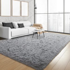 Quenlife Fluffy Rug for Living Room, Plush Shaggy 6x9 Rug for Bedroom, Soft Area Rugs Fuzzy Carpet with Anti-Slip Bottom for Kids Grils Room Nursery Home Decor, Grey