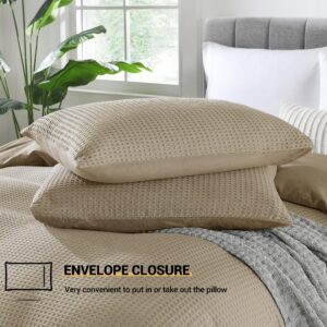 Rosecret Cotton Waffle Duvet Cover Queen, Blend Viscose Derived from Bamboo, Soft Breathable Comforter Cover with Pillow Shams for All Seasons, Khaki