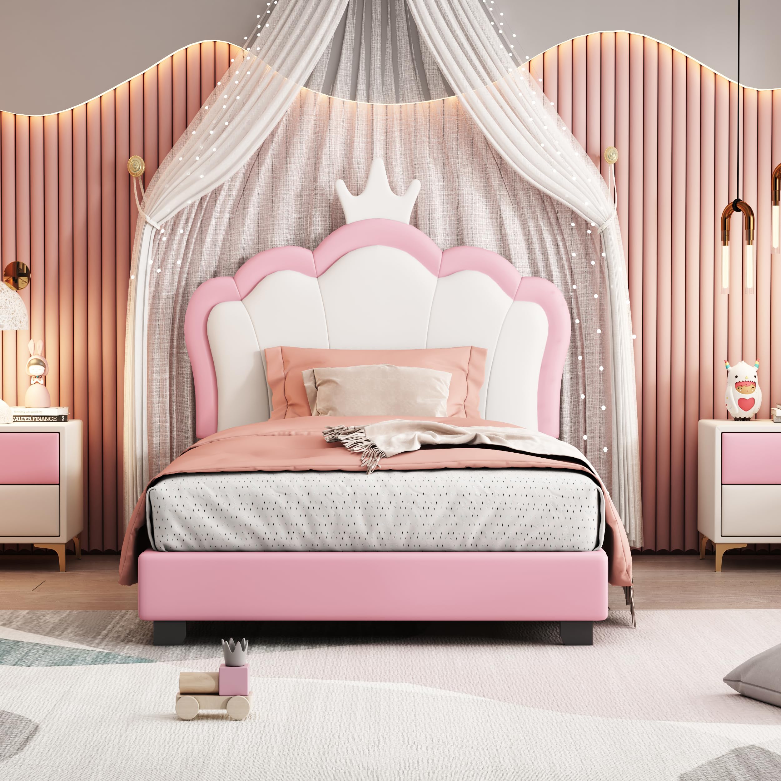 Aiuyesuo Elegant Twin Size Upholestered Princess Bed with Crown Headboard, PU Leather Platform Bed with Sturdy Slatted Support for Kids Girls Teens (Pink+White-Twin)