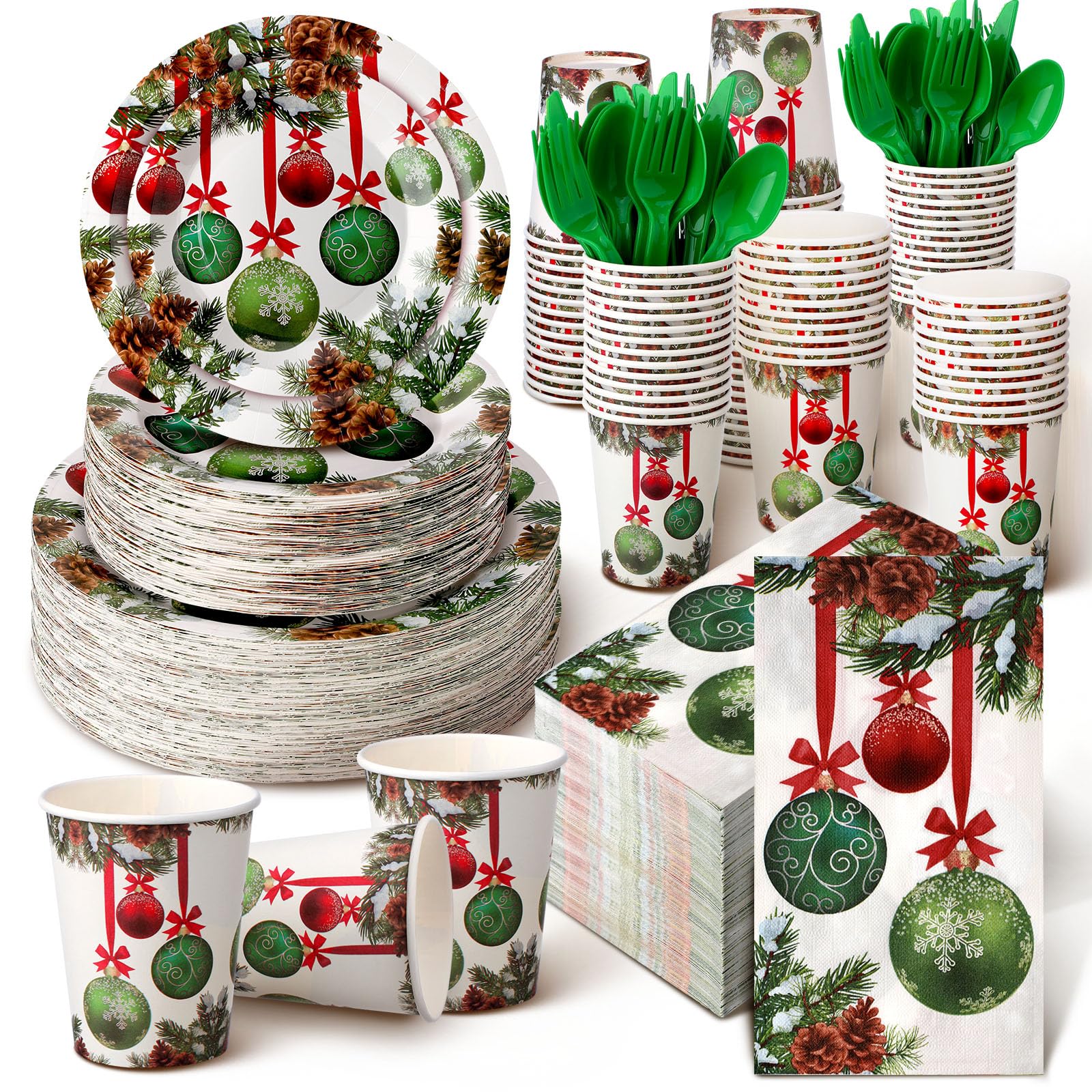 Suttmin 400 Pcs Red Green Balls Plates and Napkins for 50 Guests Bridal Shower Party Decorations Disposable Dinnerware Set Disposable Plates Napkins Cups Set for Summer Christmas Party Supplies