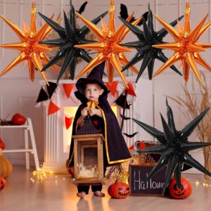 6 Pieces 27 Inches Black Orange Explosion Balloons, Large 14-Pointed One-Piece Cone Stars Fireworks Aluminum Foil Balloons for Halloween Birthday Graduation Backdrop Party Decorations