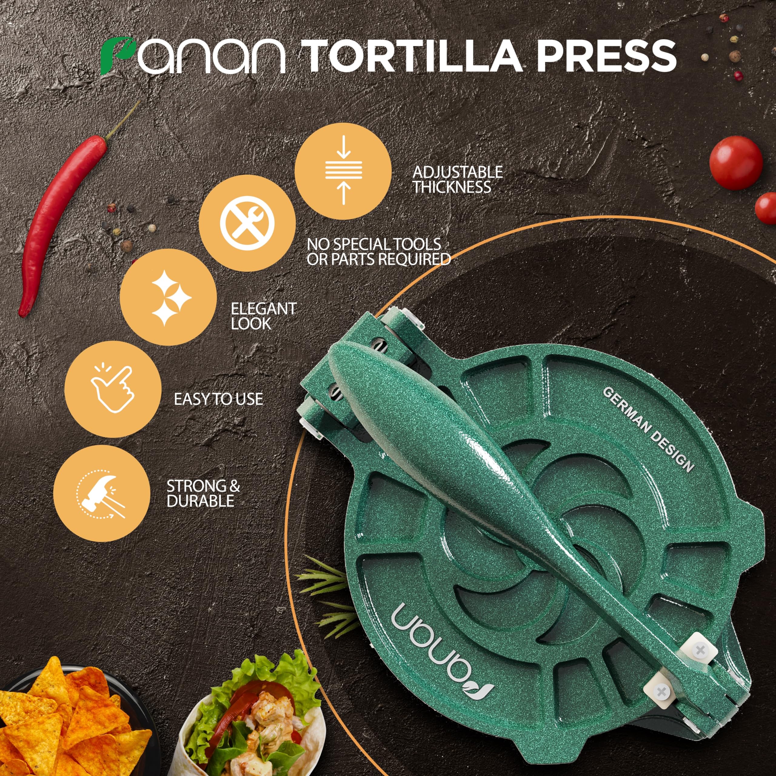 Tortilla Press with Adjustable Thickness Control 8 inch Mexican Tortillera Presser Made with Precision from Special Alu Alloy - Metal Pataconera with 50 Parchment Paper, Dough Cutter and Recipes eBook