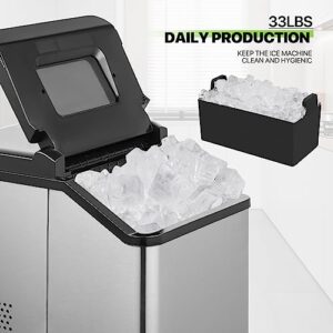 Magshion Dual-Size Countertop Ice Machine, Portable Self-Cleaning Ice Maker Machine, Creates 32 Square Cubes in 20 Mins, Makes up to 33 lb. in 24 Hours, Stainless-Steel