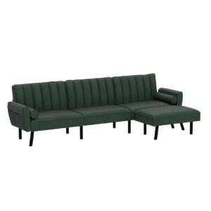 DURASPACE Velvet Sectional Convertible Sofa with Chaise, 106.5" L Shape Sectional Sofa Couch with USB, Split Back Folding Futon Couch for Living Room (Green)