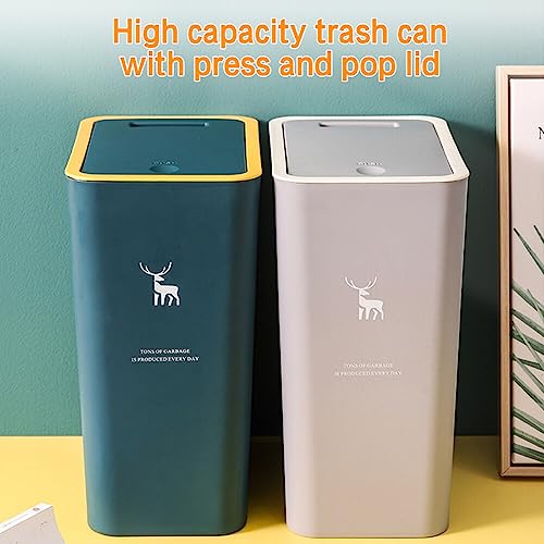 Trash Can with Lid, 15L Garbage Can with Press Spring Cover, Modern Waste Basket Portable Dustbins Narrow Waste Bin for Kitchen Bedroom Bathroom Living Room Office (Deer Style Gray)