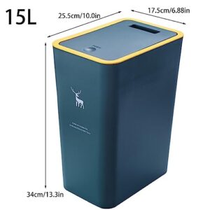 Trash Can with Lid, 15L Garbage Can with Press Spring Cover, Modern Waste Basket Portable Dustbins Narrow Waste Bin for Kitchen Bedroom Bathroom Living Room Office (Deer Style Gray)