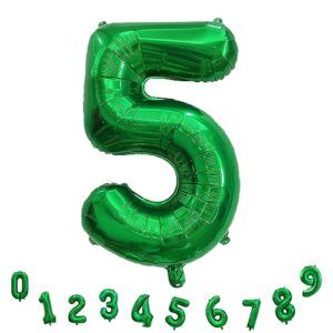 40 Inch Dark Green 5 Number Balloons, Large Foil Self Inflating 5th Birthday Number Balloon, 0-9 Set Number Ballons for Girls Men 25th 35th Birtyday Party Anniversary Jungle Decorations Supplies