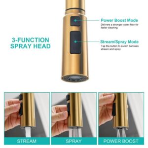 FROPO Brushed Gold Kitchen Faucet, Single Handle Gold Kitchen Sink Faucet with Pull Down Sprayer Modern Stainless Steel Brass Gold Faucet with Deck Plate 3-Function Spray Head 1 or 3 Hole