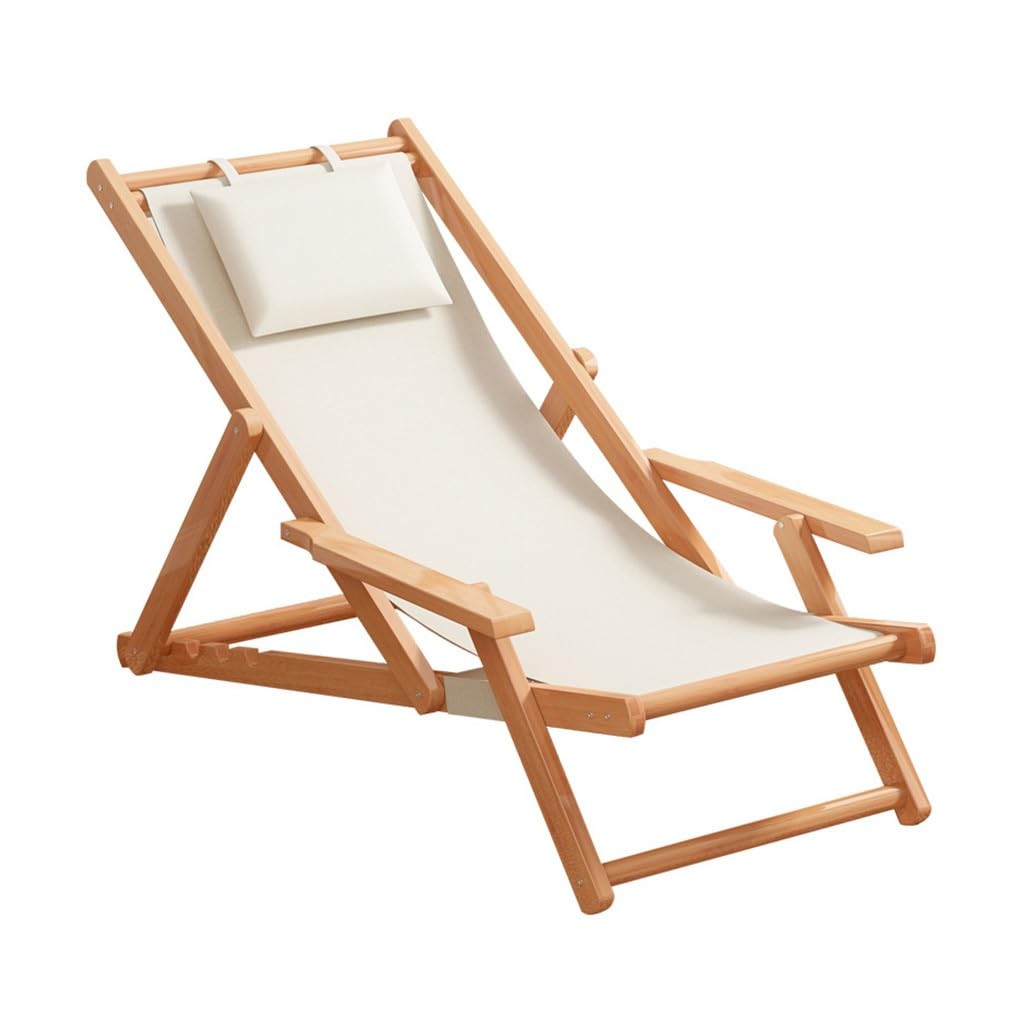 MOOTEK Wood Portable Reclining Beach Chair, 4 Level Height Adjustable Reclining Chairs with Wood Frames and Cushioned Headrest, for Indoor Outdoor Garden, Backyard, Poolside