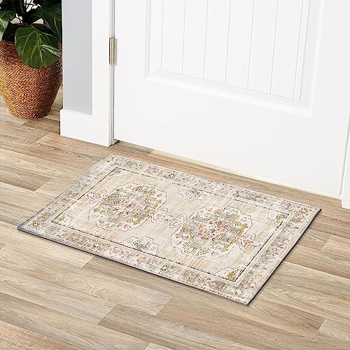 Corismatte Washable Bohemian Doormat, Non-Slip Small Rug for Entrance, Multi/Brown 2’x3’