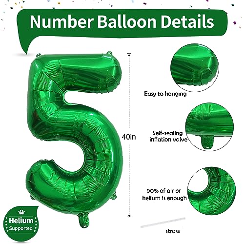 40 Inch Dark Green 5 Number Balloons, Large Foil Self Inflating 5th Birthday Number Balloon, 0-9 Set Number Ballons for Girls Men 25th 35th Birtyday Party Anniversary Jungle Decorations Supplies