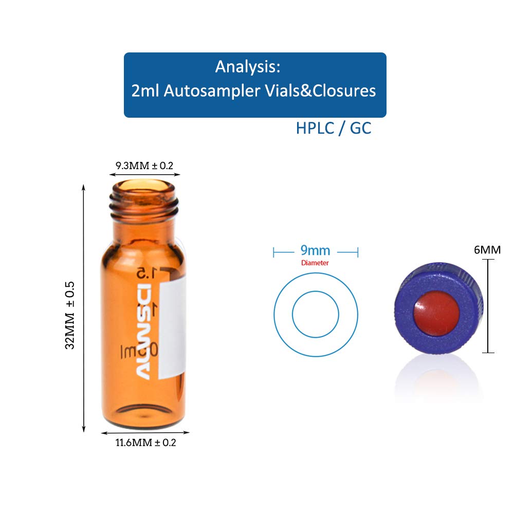 ALWSCI 2 ml 9 mm HPLC Vial, Amber Autosampler Vial, BorosiliGlass Sample Vial with Graduation, 9-425 Type Screw Threaded Vial, Blue Screw Cap with Hole, White PTFE&Red Silicone Septa, 100 of Pack