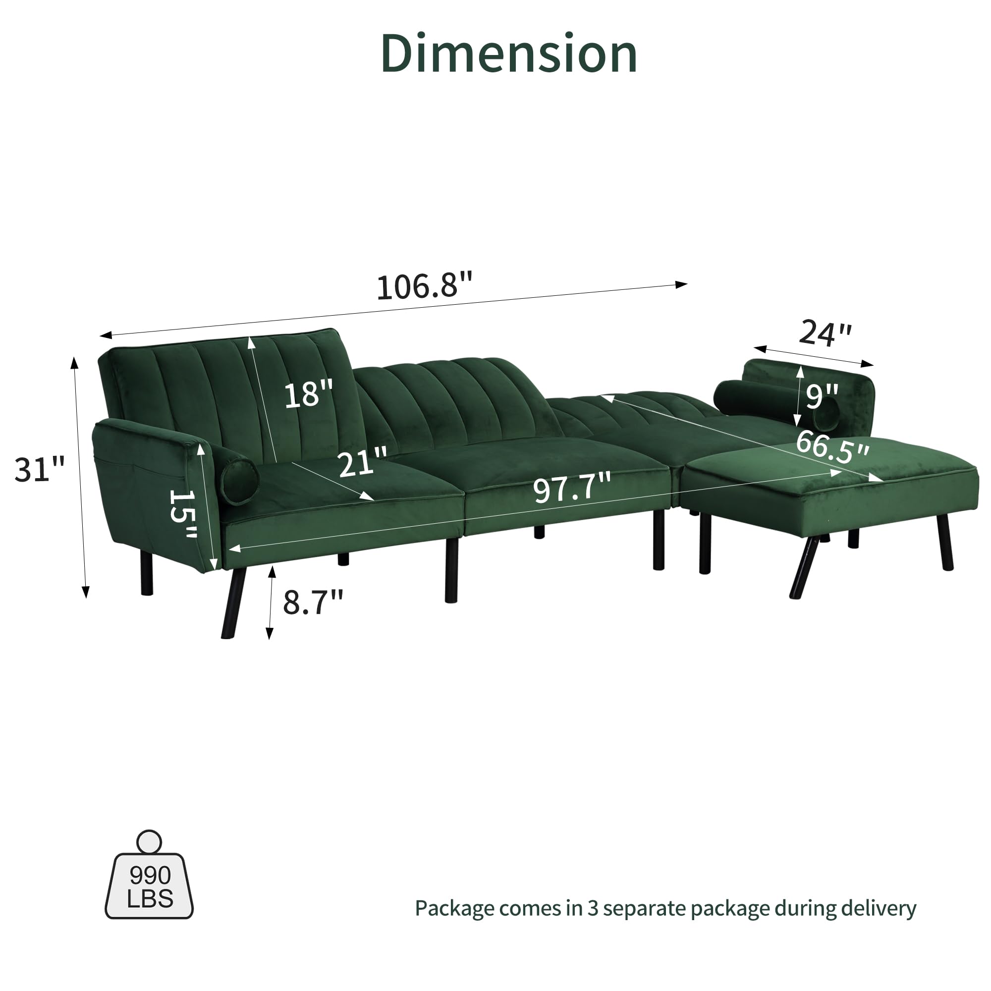 DURASPACE Velvet Sectional Convertible Sofa with Chaise, 106.5" L Shape Sectional Sofa Couch with USB, Split Back Folding Futon Couch for Living Room (Green)