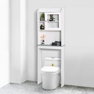 GOAWGO Modern Over The Toilet Space Saver Organization Wood Above Toilet Storage Cabinet with Glass Doors and Adjustable Shelves for Home,Bathroom Cabinet Over Toilet，White