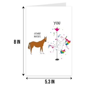 Qiliji Funny Unicorn Boss Card, Boss Day Card for Boss Men Women, Boss Birthday Card, Boss Appreciation Card, Boss Gift for Him Her, Pole Dancing Boss Card