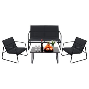 paiqian 4 pieces patio furniture set outdoor patio conversation sets poolside lawn chairs with glass coffee table porch furniture for courtyard, garden and balcony (black)