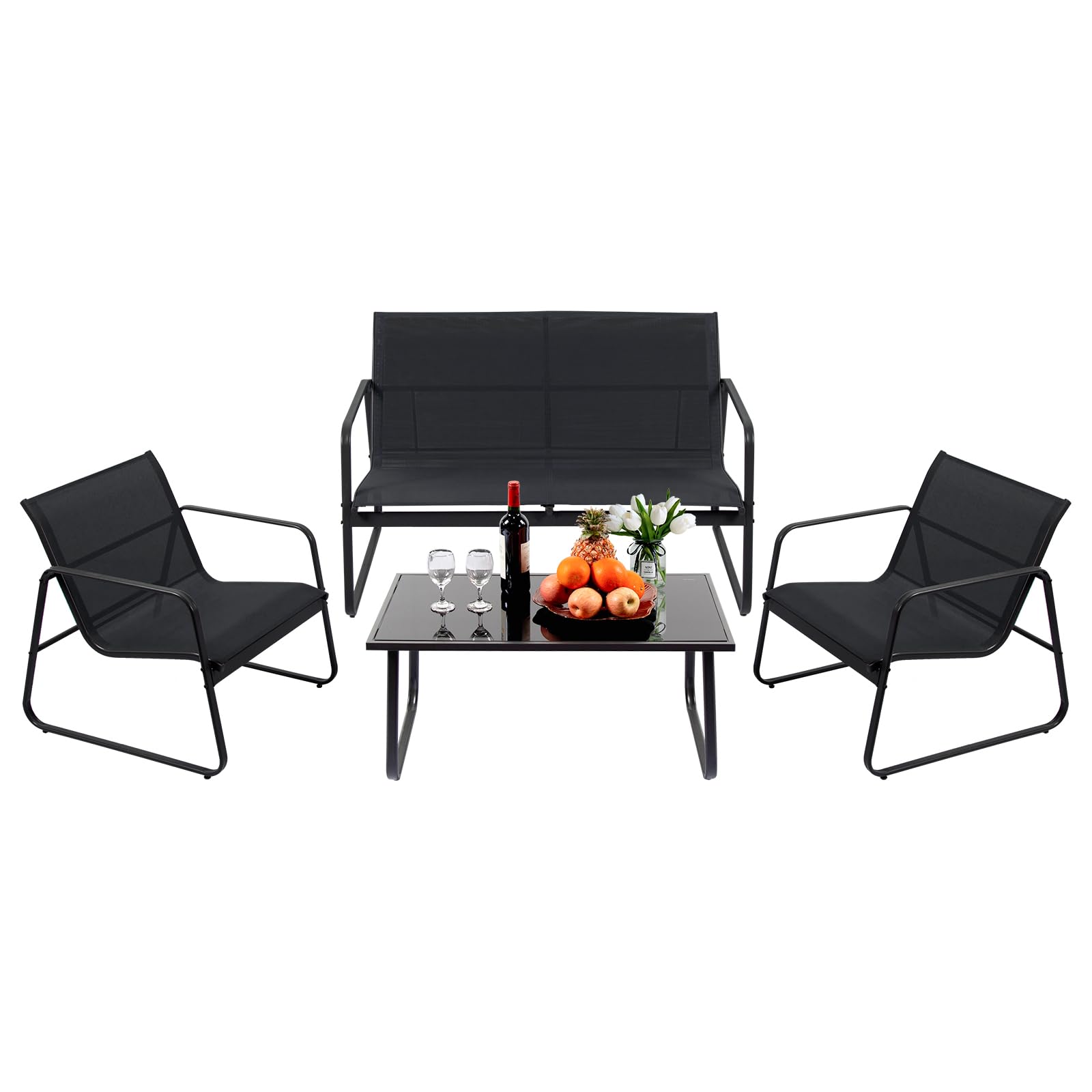 PAIQIAN 4 Pieces Patio Furniture Set Outdoor Patio Conversation Sets Poolside Lawn Chairs with Glass Coffee Table Porch Furniture for Courtyard, Garden and Balcony (Black)