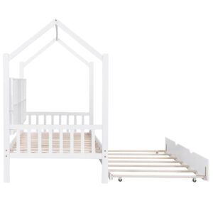 Twin House Bed with Twin Size Trundle,Twin Size Platform Bed Frame with Storage Shelves and Roof,Montessori Bed,Tent Bed,Wood Playhouse Bed Twin for Kids Teens Girls & Boys (Twin, White)